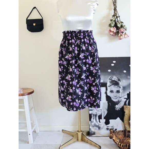 Handmade Dresses & Skirts - Vintage Handmade Black Purple Floral High Waist Gathered Midi Skirt Woman's L